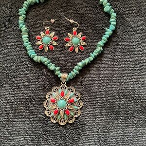 Turquoise and Red Floral Jewelry Set